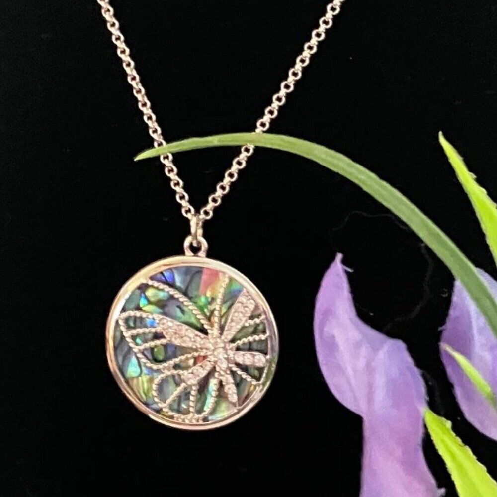 Abalone Necklace with White Sapphire Butterfly NWOT 18" with 2" Extender